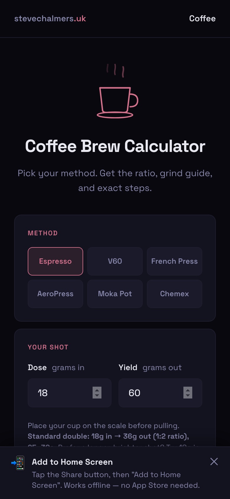Coffee Brew Calculator — espresso dose, yield and grind guide