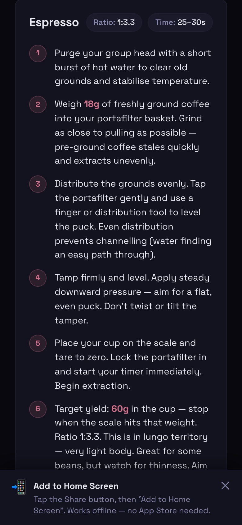 Coffee Brew Calculator — numbered step-by-step brew instructions