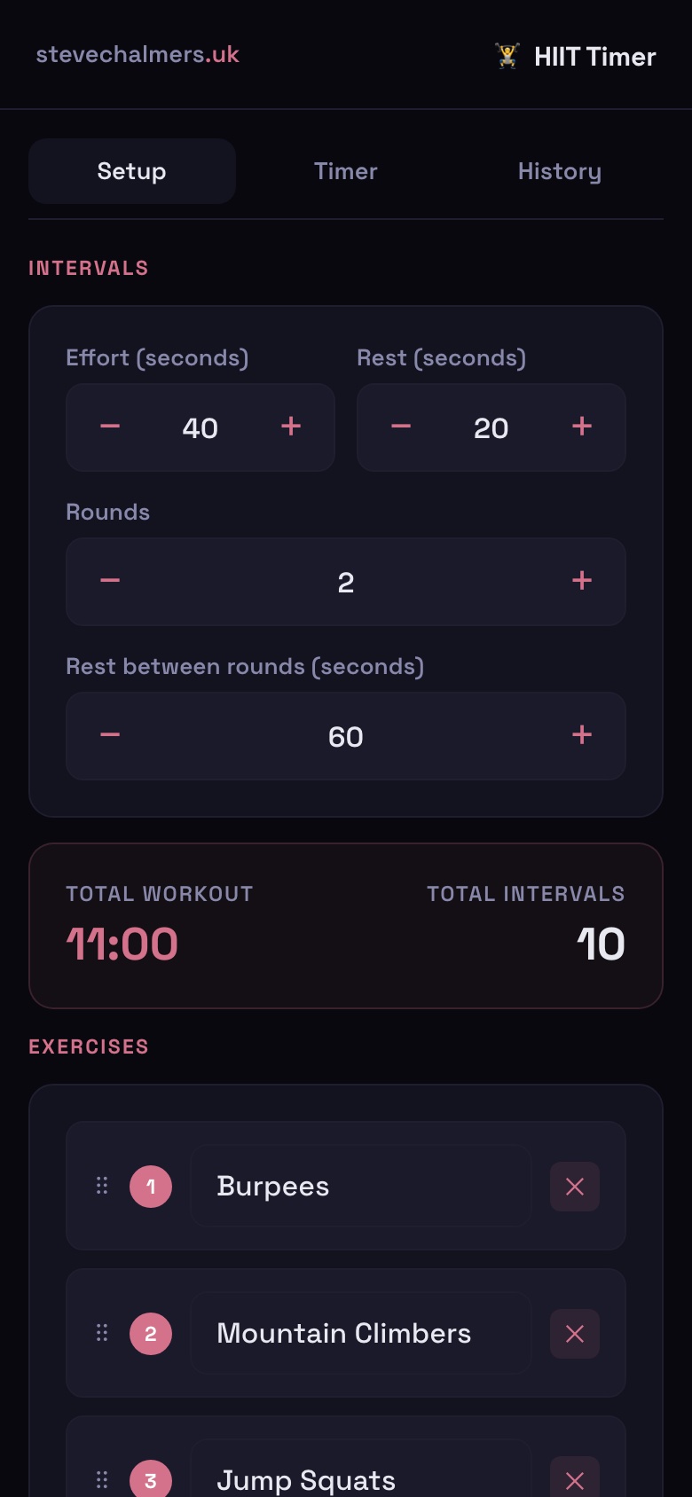 HIIT Timer setup screen — exercise list and interval settings